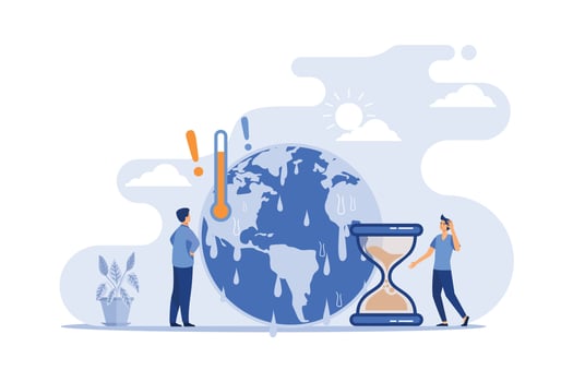 Tiny people with melting planet in background. High temperature and hot weather on Earth, hourglass flat vector illustration. flat design modern illustration