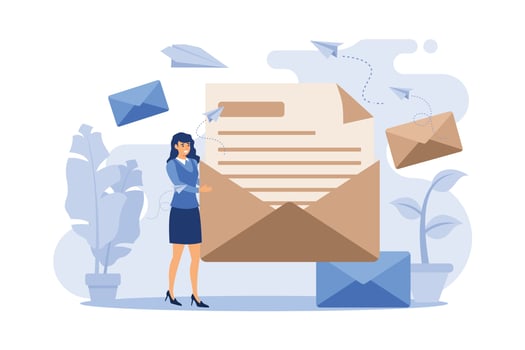 Cartoon woman holding huge envelope with letter flat vector illustration. Working process, new email message, office paper and mail delivery. Business and communication concept.