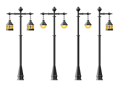 Set of black realistic street light. Street lamp. Vintage lamp vector