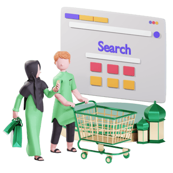 Ramadan sale banner template with 3d muslim couple character shopping png