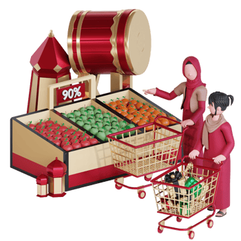 Ramadan sale banner template with 3d muslim couple character shopping png