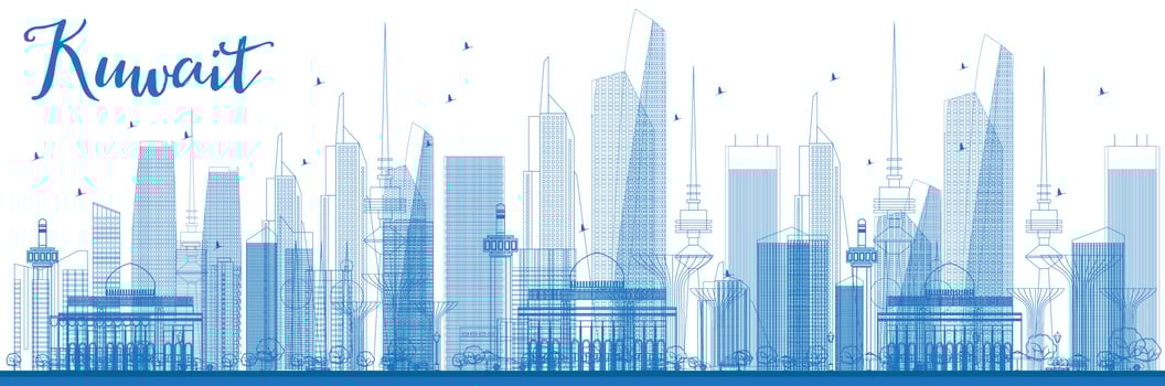 Outline Kuwait City Skyline with Blue Buildings. vector