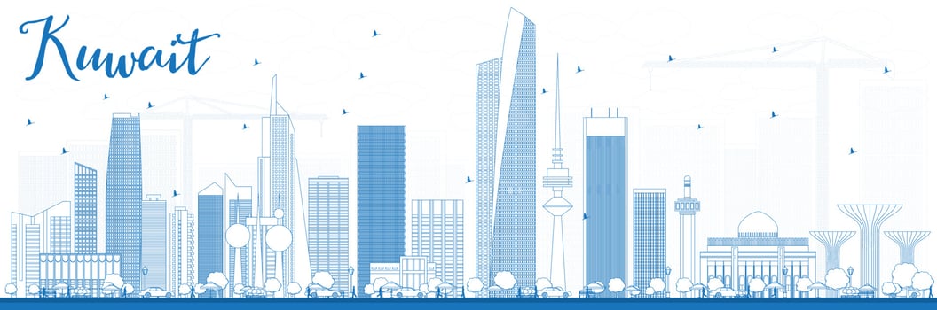 Outline Kuwait City Skyline with Blue Buildings. vector