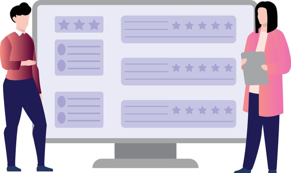 Boy and girl are watching customer star ratings on the monitor. vector
