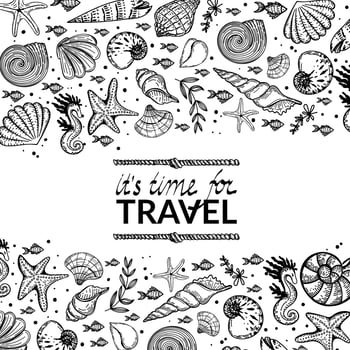 Banner with sea creatures on white background. Design for tourist business advertising, for seafood grocery stores. Shells, fish, clams and algae. Hand-drawn doodles in sketch style vector