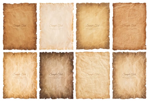 collection set old parchment paper sheet vintage aged or texture isolated on white background. vector