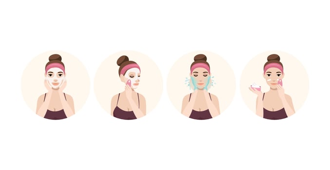 Attractive young woman with a towel around her head and body remove make-up, clean, wash and care her face with sponge. Facial treatment procedures. vector