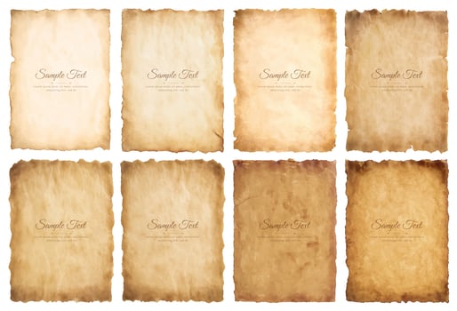 Vector collection set old parchment paper sheet vintage aged or texture isolated on white background