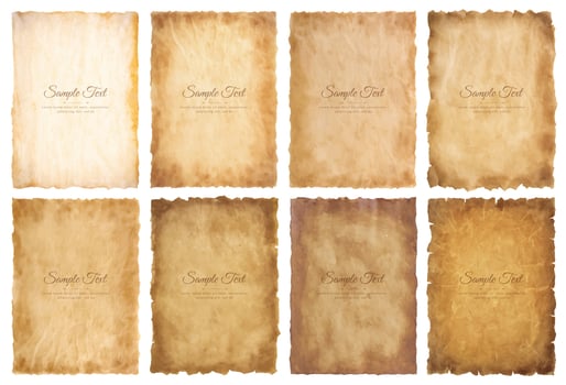 Vector collection set old parchment paper sheet vintage aged or texture isolated on white background