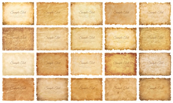 Vector collection set old parchment paper sheet vintage aged or texture isolated on white background