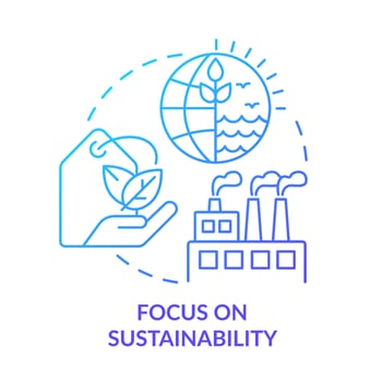 Focus on sustainability blue gradient concept icon. Eco friendly manufacture. Macro economy trends abstract idea thin line illustration. Isolated outline drawing. vector