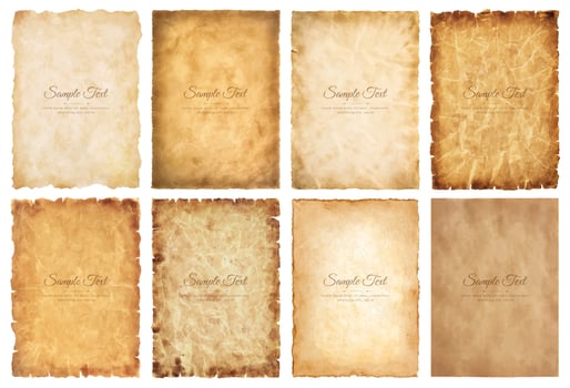 Vector collection set old parchment paper sheet vintage aged or texture isolated on white background