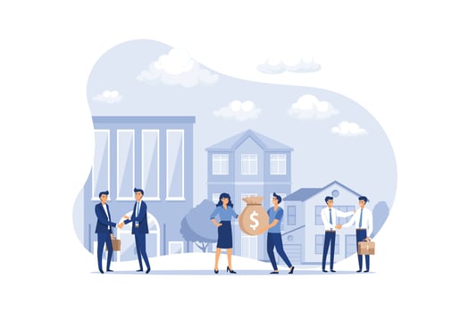 Buying and choosing housing, real estate and turnkey rentals, buildings, skyscrapers, house, flat design modern illustration vector