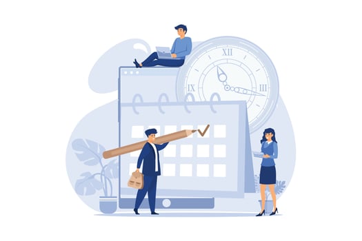 little people characters make an online schedule in the tablet. vector, design business graphics tasks scheduling on a week. flat design modern illustration vector