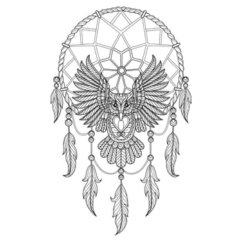Owl and Dream catcher hand drawn for adult coloring book vector