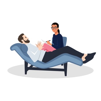 Private therapy session semi flat RGB color vector illustration. Appointment with psychologist. Patient and therapist. Psychology consultation. Isolated cartoon character on white background