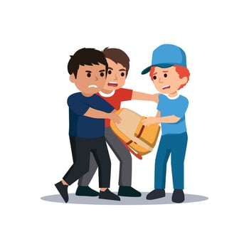 Sad boy going through school. School boys laughing and pointing at boy. Taking his bag. Bulling at school. Vector illustration. Isolated