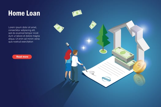 Home loans, real estate, property mortgage and refinance concept. Couple sign home loan contract agreement. Family financial planning and home investment. vector