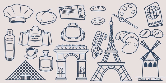 Hand drawing doodle travel elements set go to paris with france icon vector