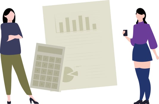 The girls stand with the stock market chart file. vector