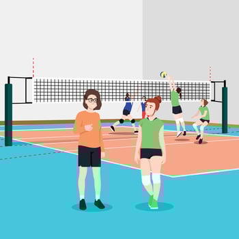 Woman coach talking to women's volleyball team character illustration vector