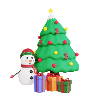 3d christmas tree, gift box and snowman with transparent background png