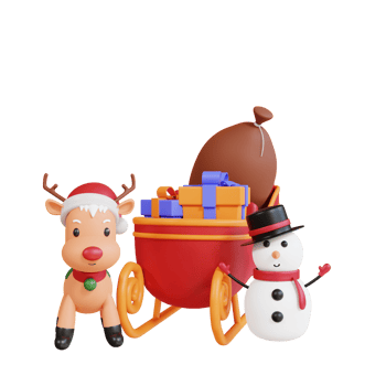 3d christmas gift box on sledge with reindeer and snowman png