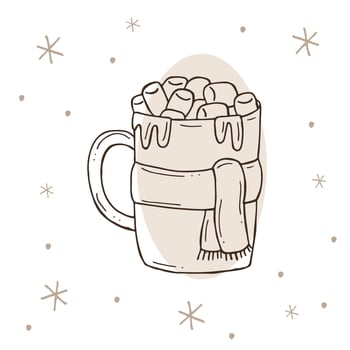Hot chocolate in a cup with a scarf. Warm cocoa with marshmallows with a snowflakes. Vector illustration in doodle style. Winter mood. Hello 2023. Merry Christmas and Happy New Year.