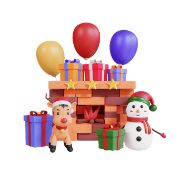 3d christmas party with fireplace, snowman, reindeer and gift box png