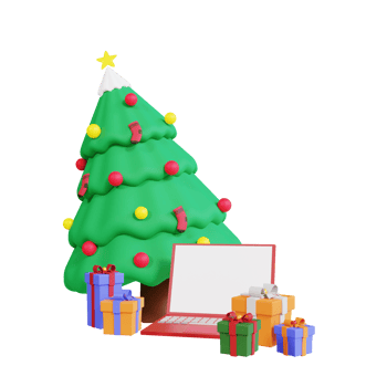 3d christmas tree, gift box and laptop png