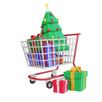 3d christmas tree, gift box, and shopping cart png