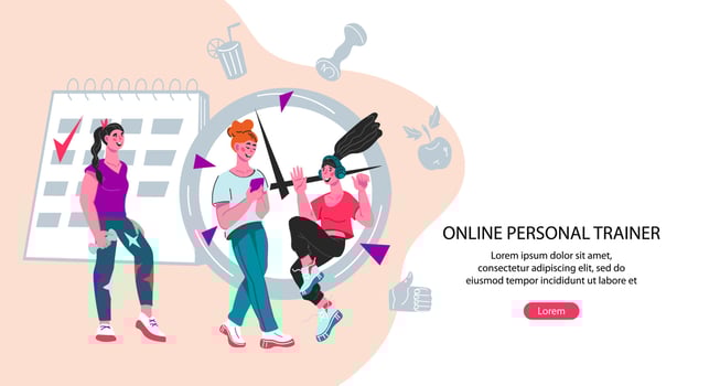 Personal fitness training and sport workout planning web banner with women characters. Weight control and dieting mobile application interface or landing page design. Flat vector illustration.