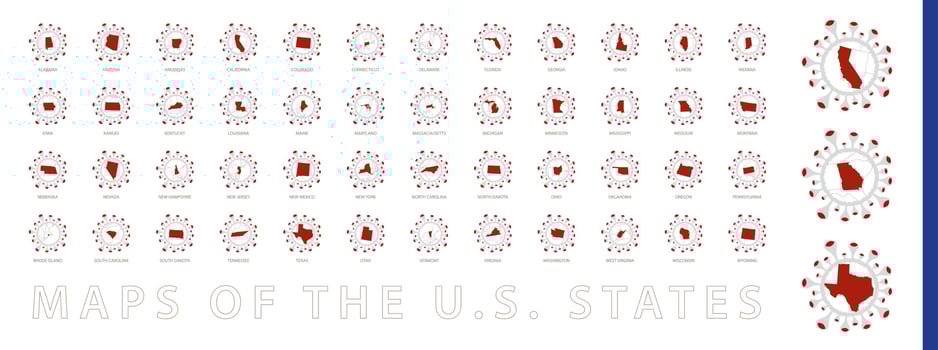 Maps of the US States collection in shape of virus. vector