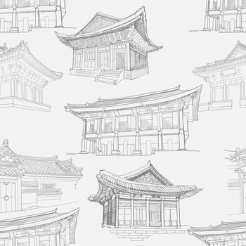 Seamless pattern with korean palaces, tradition houses hanok. vector