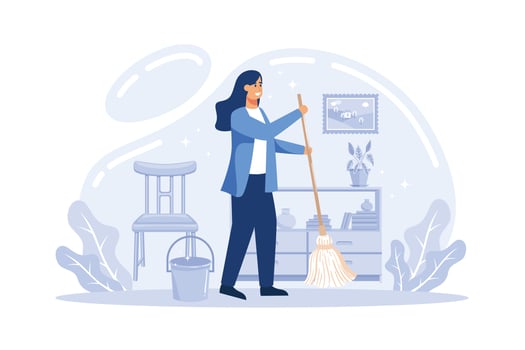 Woman or young girl cartoon character washing a floor with mop, Spring family big cleaning and householding. flat vector illustration