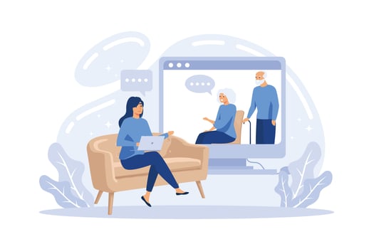 Online psychologist and couples therapy session - virtual therapist woman doing marriage counseling to cartoon people at home from screen, vector