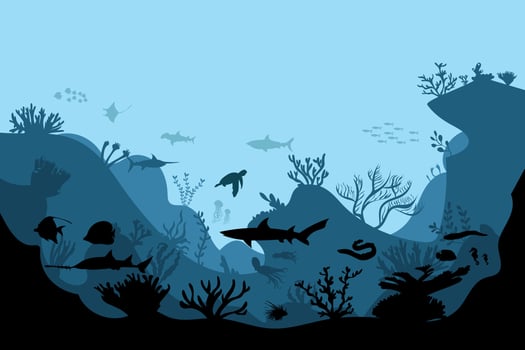 silhouette of coral reef with fish and divers on blue sea background underwater vector illustration