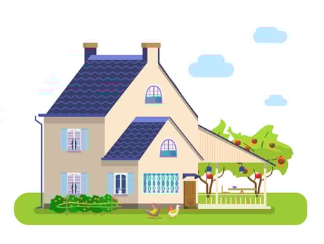 Vector illustration of countryside scene. Country house with terrace, chikens pecking grain, apple orchard, rose bush. Provence house.