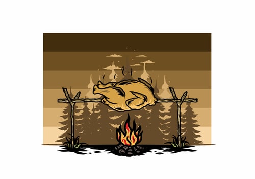 Grilling chicken over bonfire illustration design vector