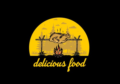 Grilling chicken over bonfire illustration design vector