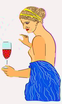 Vector bright illustration of ancient statue of woman with glass of wine.