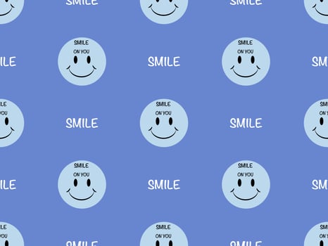 Smiley cartoon character seamless pattern on blue background. Pixel style vector