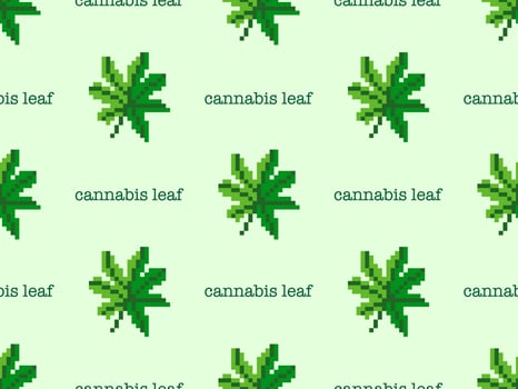 Cannabis cartoon character seamless pattern on green background. Pixel style vector