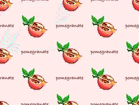 Pomegranate cartoon character seamless pattern on pink background. Pixel style vector
