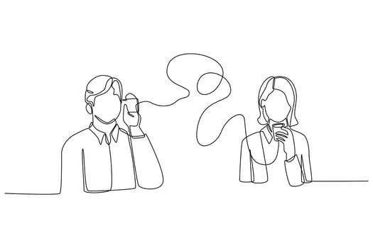 Continuous one line drawing business man and woman communicate with old technologies. Communication and Project management concept. Single line draw design vector graphic illustration.