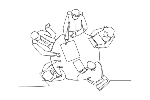 Continuous one line drawing top of view businesspeople brainstorming sitting at table together. Communication and Project management concept. Single line draw design vector graphic illustration.