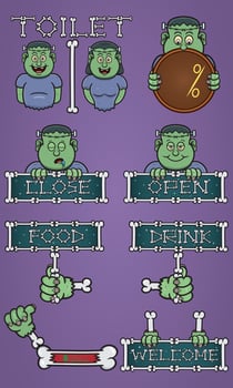 Set Of Signboard With Cute Cartoon Mascot Frankenstein. Eight Items. vector