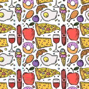 Seamless food pattern. Food background. Doodle vector illustration with food icon