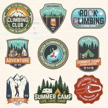 Set of Rock Climbing club and summer camp badges. Vector. vector