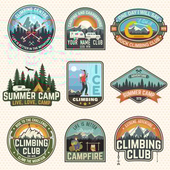 Set of Rock Climbing club and summer camp badges. Vector. vector